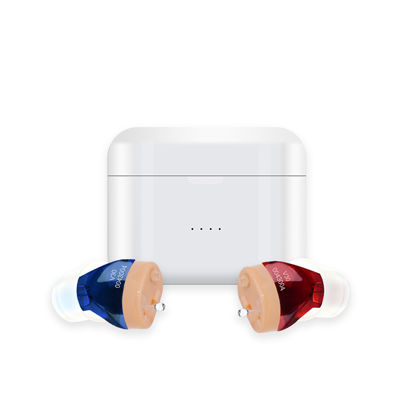 Rechargeable & Invisible Hearing Aids - White Charging Case_Red and Blue Case